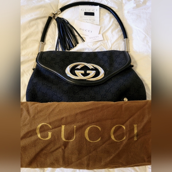 🖤 GUCCI | Vintage Denim Monogram Britt Interlocking GG Tassel Shoulder Bag - Picture 11 of 13